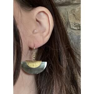 Gold Tone & Abalone Shell Fan Dangle Earrings Boho Minimalist Geometric Coastal